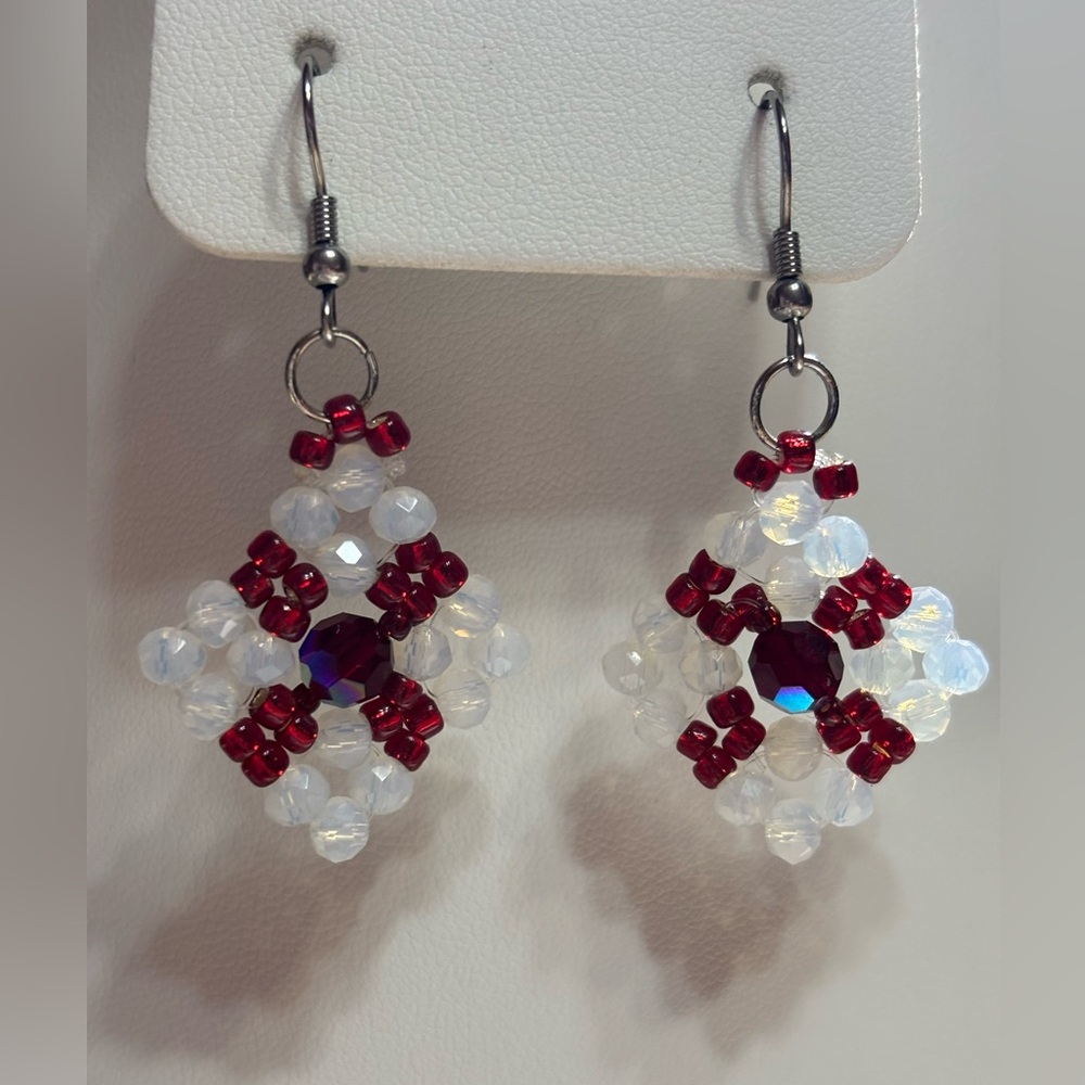 Hand crafted dangle pierced earrings red white Czech beads ruby red seed beads.